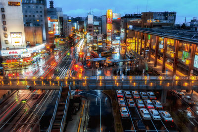 High angle view of illuminated city at night