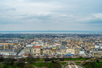 High angle view of buildings against sky