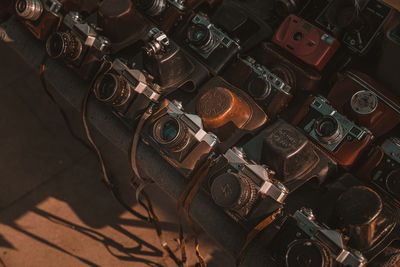 High angle view of vintage cameras