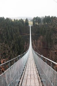 Footbridge amidst trees in forest against sky