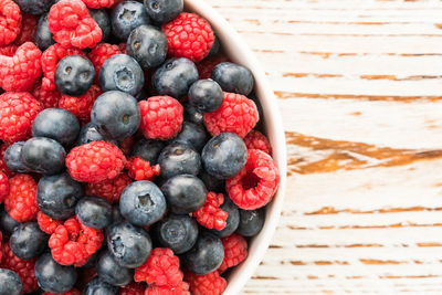 High angle view of strawberries on table