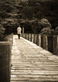 Rear view of woman walking on wooden footbridge