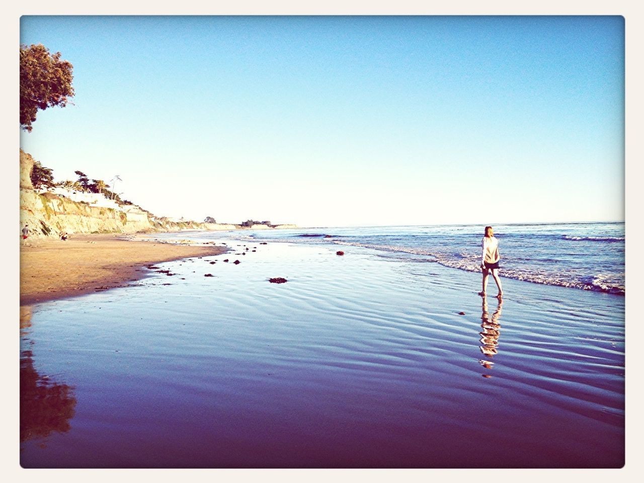 water, sea, transfer print, clear sky, horizon over water, blue, beach, copy space, tranquil scene, auto post production filter, tranquility, scenics, beauty in nature, nature, shore, sand, incidental people, idyllic, sunlight, outdoors