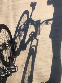 High angle view of bicycle by shadow of person on road