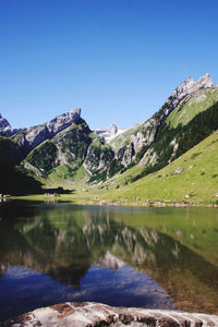 Scenic view of lake and mountains against clear blue sky