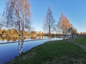 Bare trees by river against sky during winter