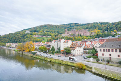 Scenic view of river by buildings against sky