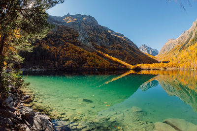 Scenic view of lake and mountains against sky