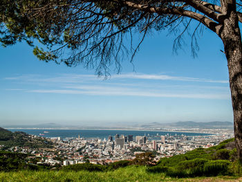 Aerial view of city by sea against sky