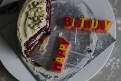 High angle view of cake in plate