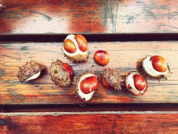 High angle view of fruits on cutting board