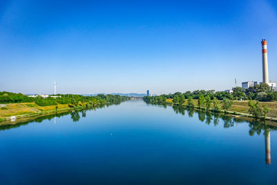 Scenic view of lake against clear blue sky