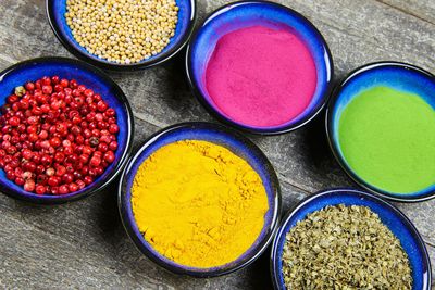 High angle view of multi colored candies in bowl