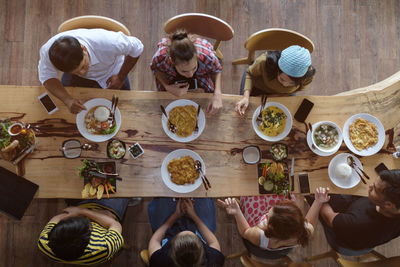 High angle view of people eating food