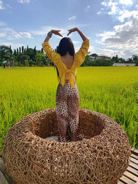 Rear view of woman standing in farm