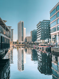 Reflection of buildings in the canal at leeds docks 