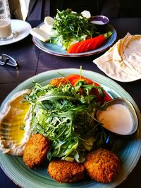 High angle view of breakfast served on table