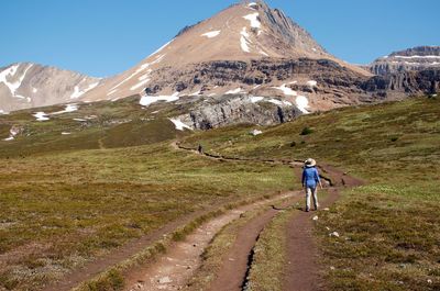 Rear view of man walking on mountain against sky