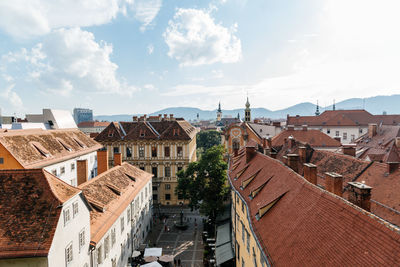 High angle view of houses in town against sky