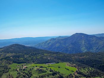 Scenic view of mountains against clear blue sky