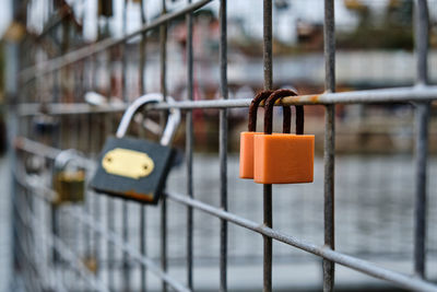 Close-up of padlocks on railing