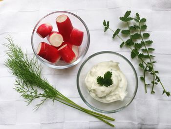 Bowl of red radish and dip with thyme