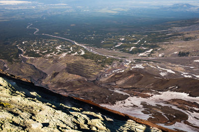 High angle view of landscape and mountains