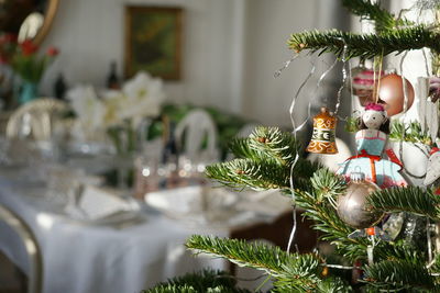 Close-up of christmas tree at home