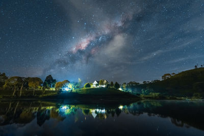 Scenic view of lake against sky at night