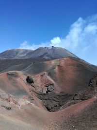 Scenic view of volcanic landscape against blue sky