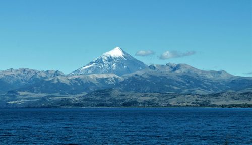 Scenic view of snowcapped mountains against clear blue sky