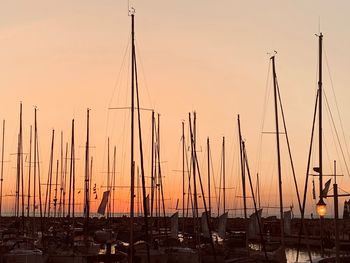 Sailboats in marina at sunset