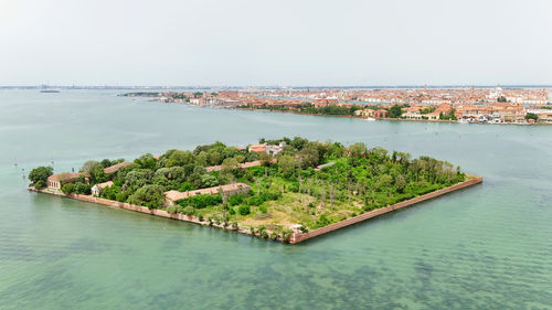 High angle view of sea against clear sky