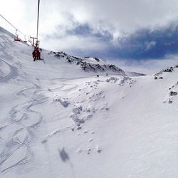 Tourists on snow covered mountain