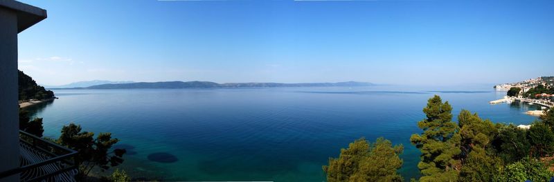 High angle view of sea against clear blue sky