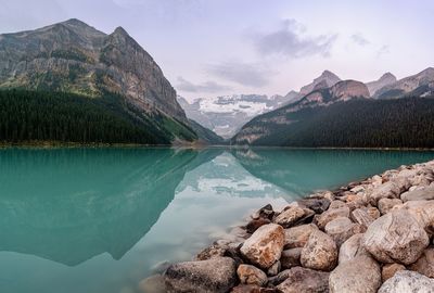 Scenic view of lake and mountains against sky