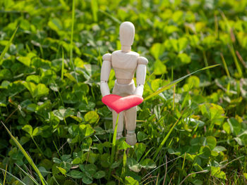 Close-up of figurine toy on field