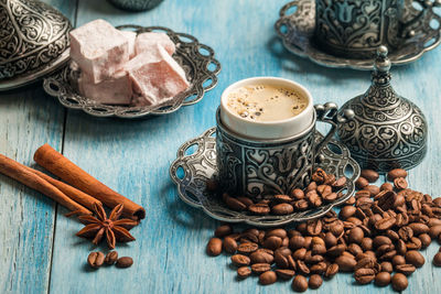High angle view of coffee on table
