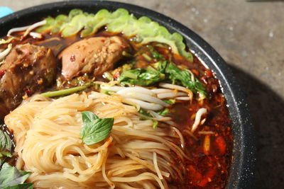 High angle view of food in bowl on table