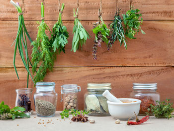 Close-up of various herbs and spices on table