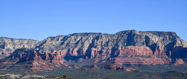 Panoramic desert landscape and mountains under blue sky