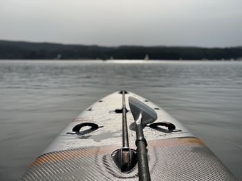 Close-up of boat in lake against sky