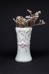 Close-up of white rose on table against black background