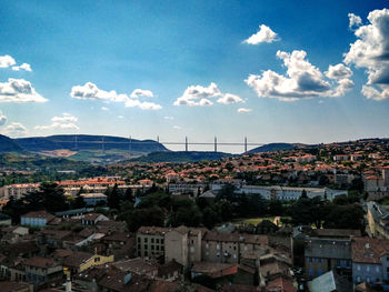 High angle view of cityscape against cloudy sky