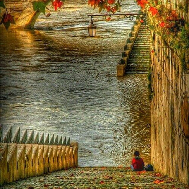 lifestyles, leisure activity, the way forward, high angle view, steps, person, men, walking, water, rear view, full length, footpath, cobblestone, walkway, boardwalk, paving stone, relaxation