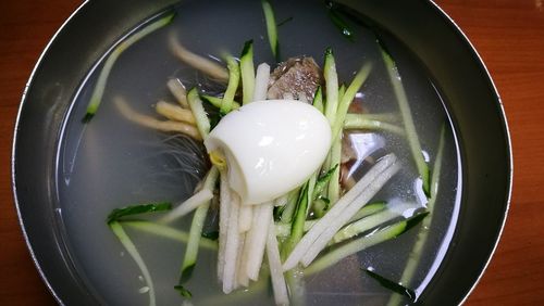 High angle view of soup in bowl