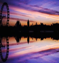 Reflection of silhouette millennium wheel and cityscape on thames river