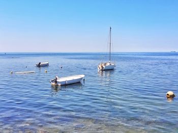 Sailboats in sea against clear sky