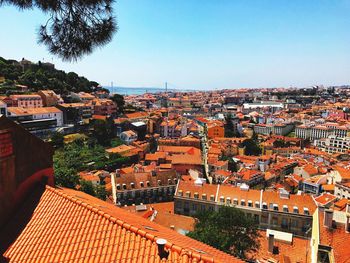 High angle view of houses in town against clear sky