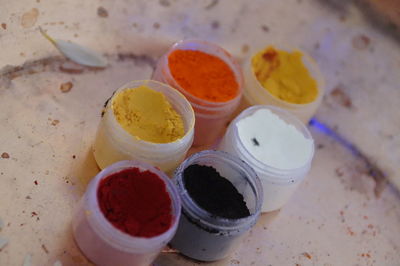 Close-up high angle view of multi colored pencils